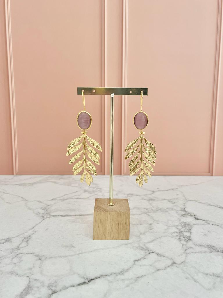 ARETES HOJA DORADA JADE ROSA