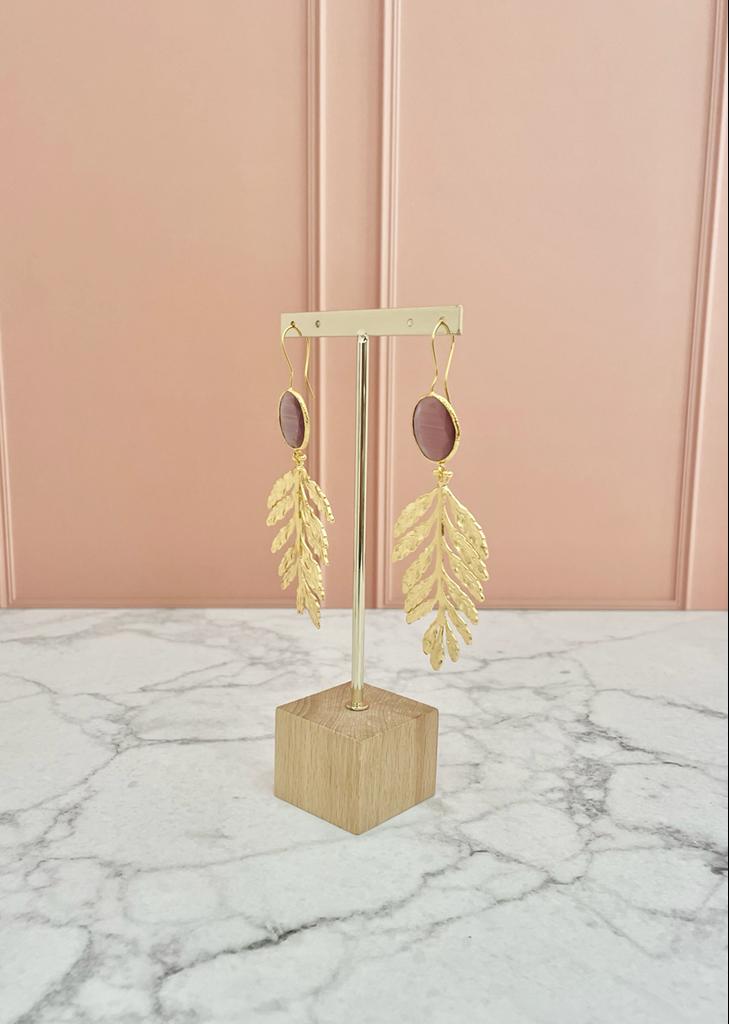 ARETES HOJA DORADA JADE ROSA