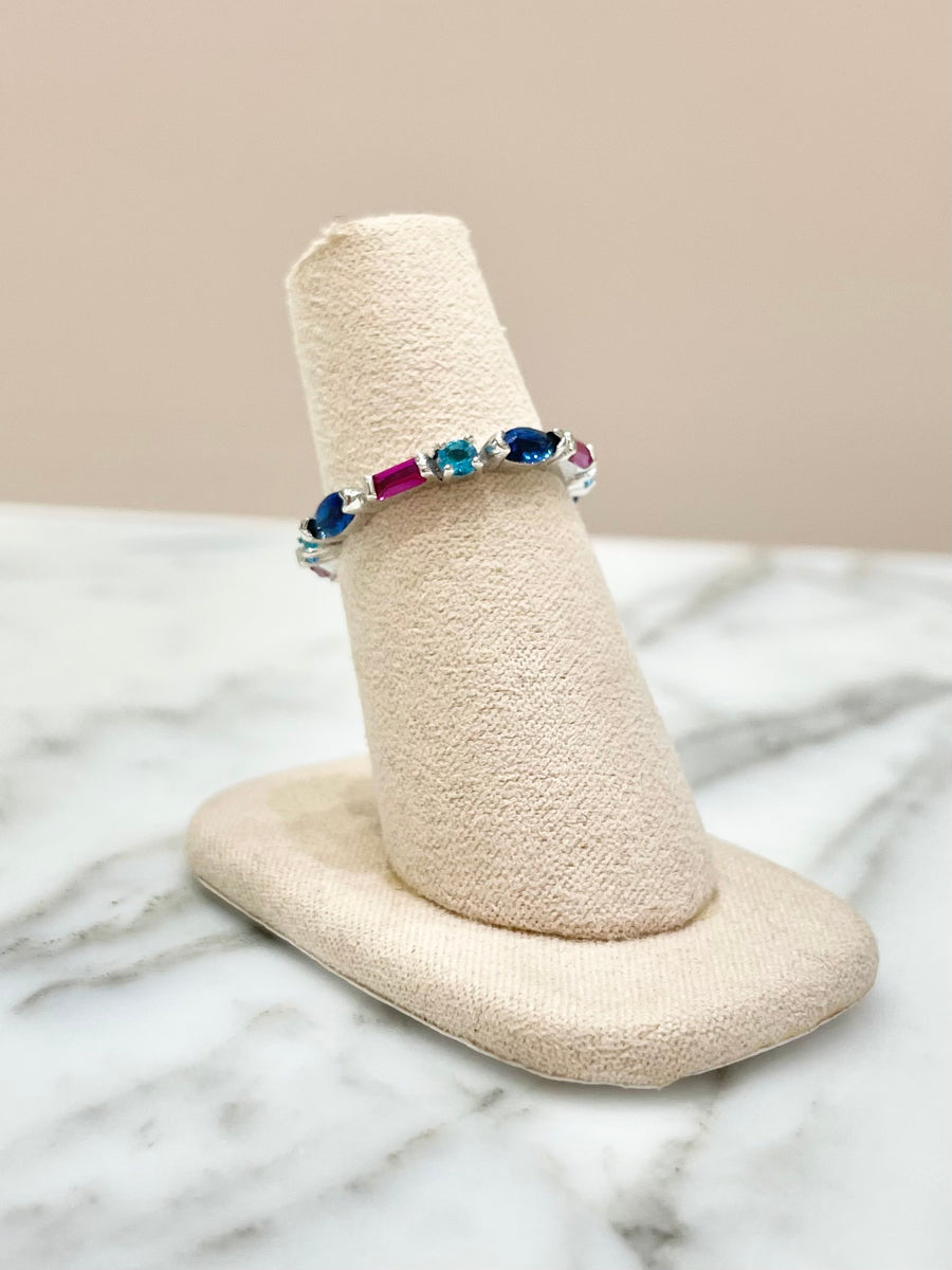 ANILLO PLATA CRISTALES ROSA/AZUL