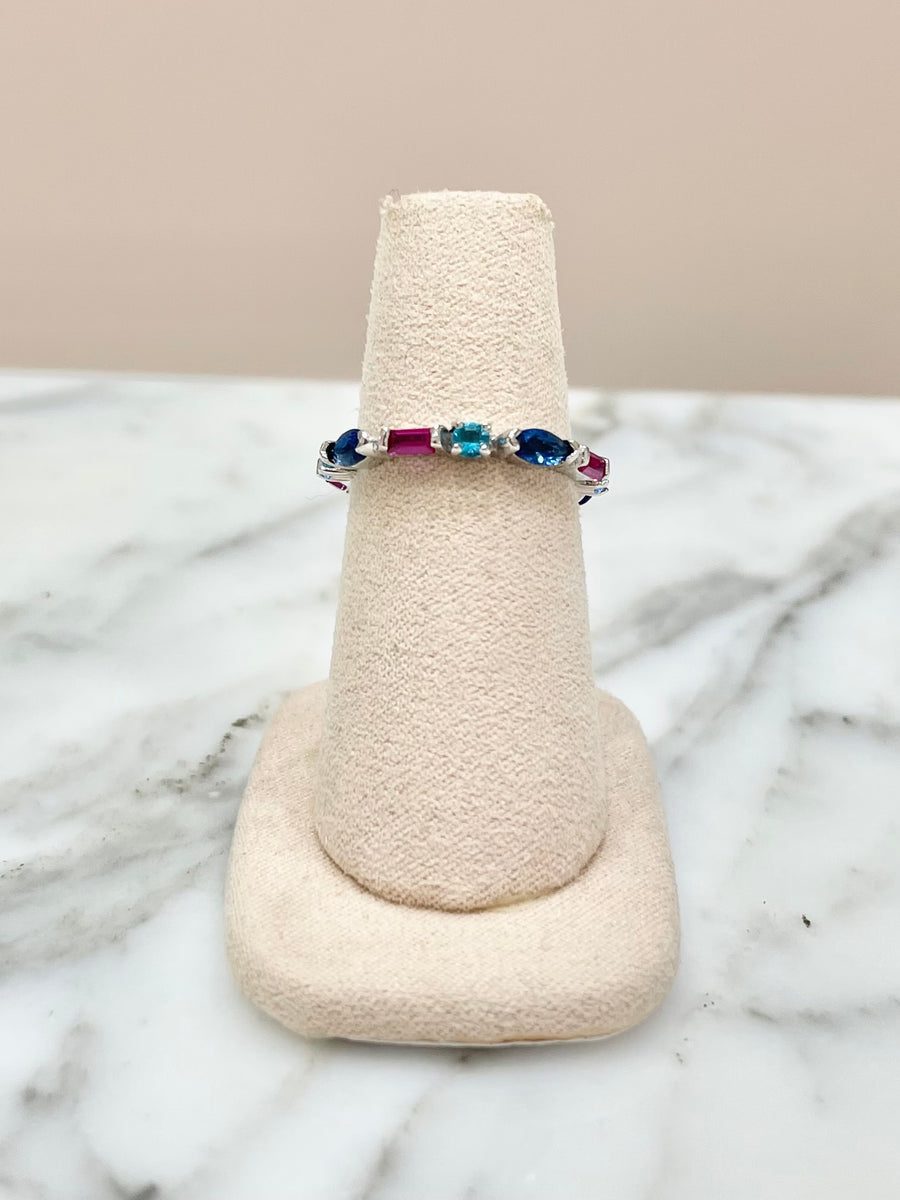 ANILLO PLATA CRISTALES ROSA/AZUL